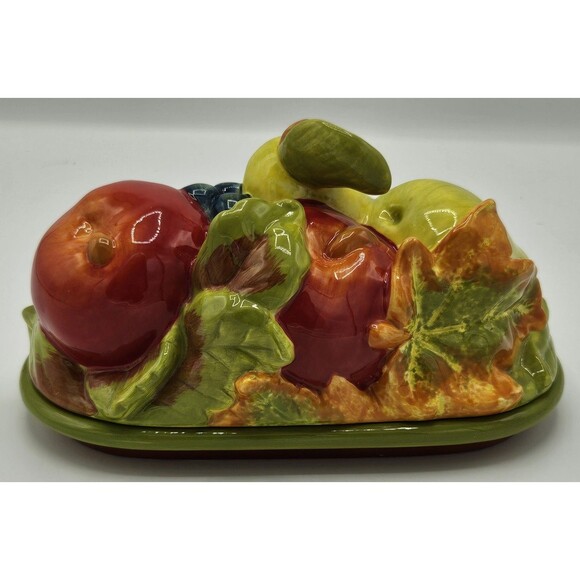 Essential Home 3-D Fall Leaves & Fruit Figural Covered Butter Dish Thanksgiving - Picture 7 of 11